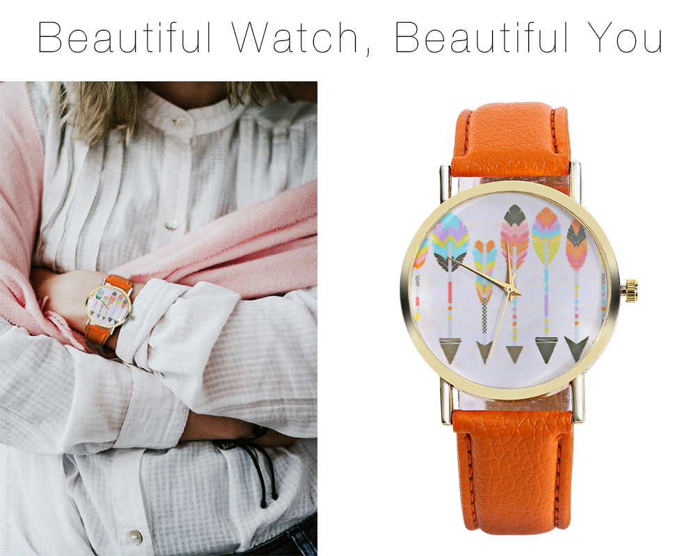 Female Plumage Pattern Dial Quartz Watch Leather Strap Wristwatch for Women